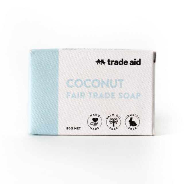 Box of Trade Aid coconut fair trade soap on a white background