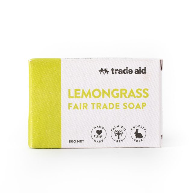 Box of Trade Aid lemongrass fair trade soap on a white background