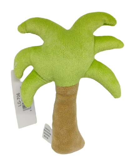 back of a baby rattle in the shape of a palm tree on a white background