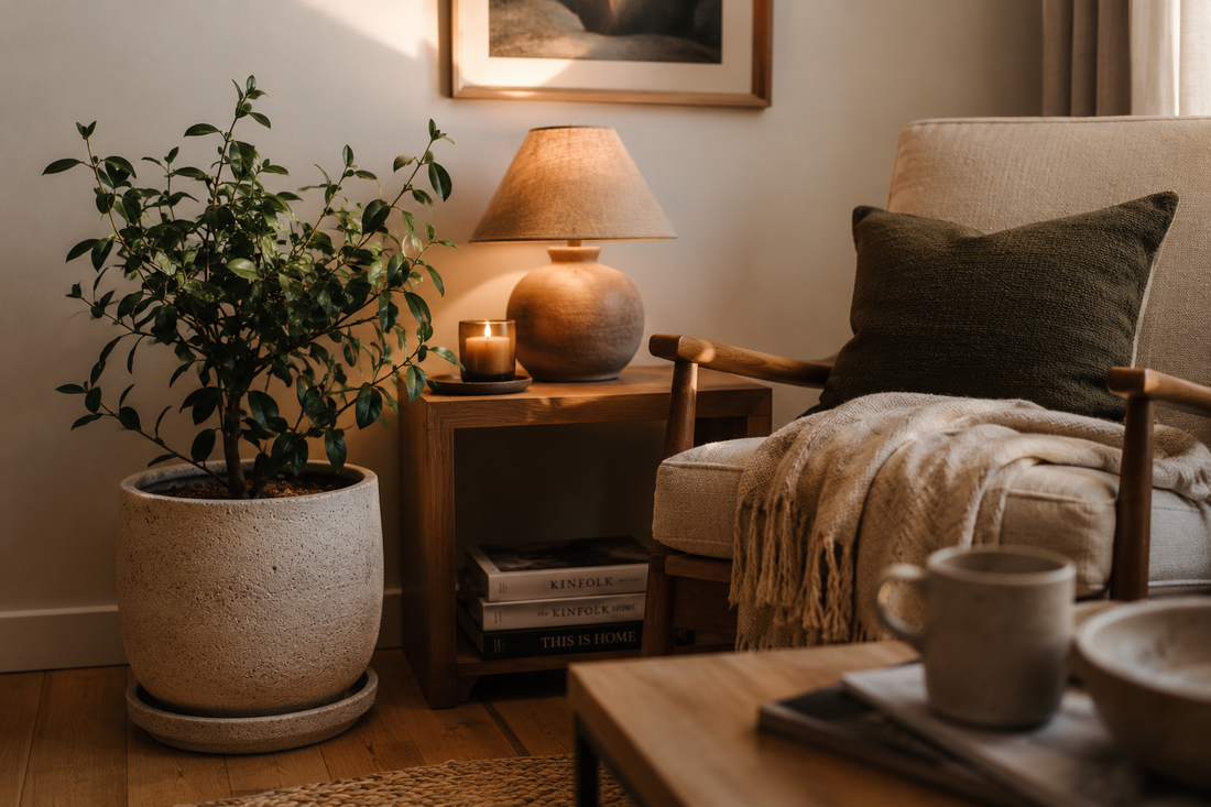 A warm, inviting reading corner with a cosy armchair, indoor plant, wooden side table, lamp and candle in a neutral-toned living room.