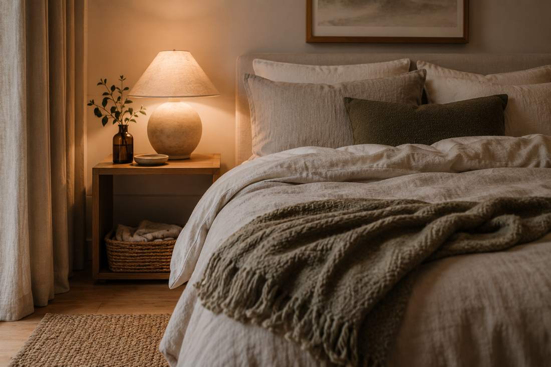 Cosy bedroom styling with French flax linen bedding, warm ambient lighting, natural textures and minimalist décor for a better night's sleep.