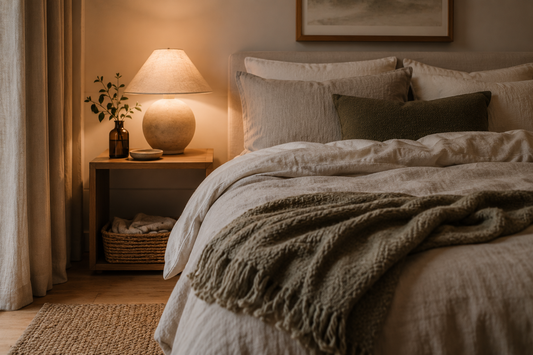 Cosy bedroom styling with French flax linen bedding, warm ambient lighting, natural textures and minimalist décor for a better night's sleep.