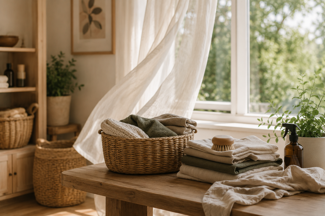 Wicker basket filled with folded linen and cotton textiles on a wooden table, with a natural brush, amber glass spray bottle and potted plants beside an open window — ethical homewares styling, Strangers Collective NZ.