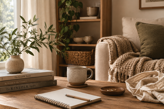 Ethical homewares and sustainable home décor in a cosy neutral living room, featuring handmade-style ceramic pottery, natural linen textiles, wooden furniture, woven baskets and earthy accessories