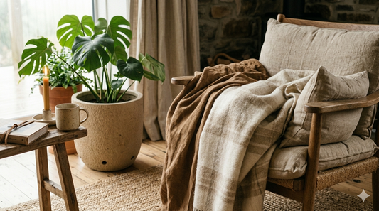 A cozy winter living room scene featuring a wooden armchair draped with a soft beige linen blanket and a brown throw. A warm ceramic mug and candle sit on a rustic wooden side table next to a large monstera houseplant in a stone planter.