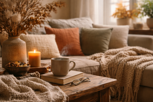 Autumn home sanctuary with textured throws, candles, and dried foliage, reflecting cozy, mindful, and ethical home living.