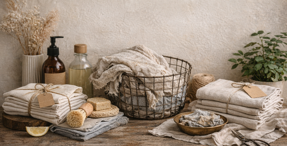 Sustainable kitchen linens and ethical homewares in warm, neutral tones, representing conscious consumption and long-term living.