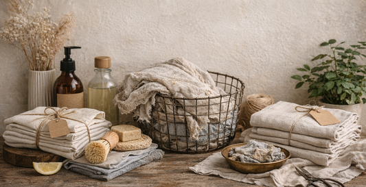 Sustainable kitchen linens and ethical homewares in warm, neutral tones, representing conscious consumption and long-term living.