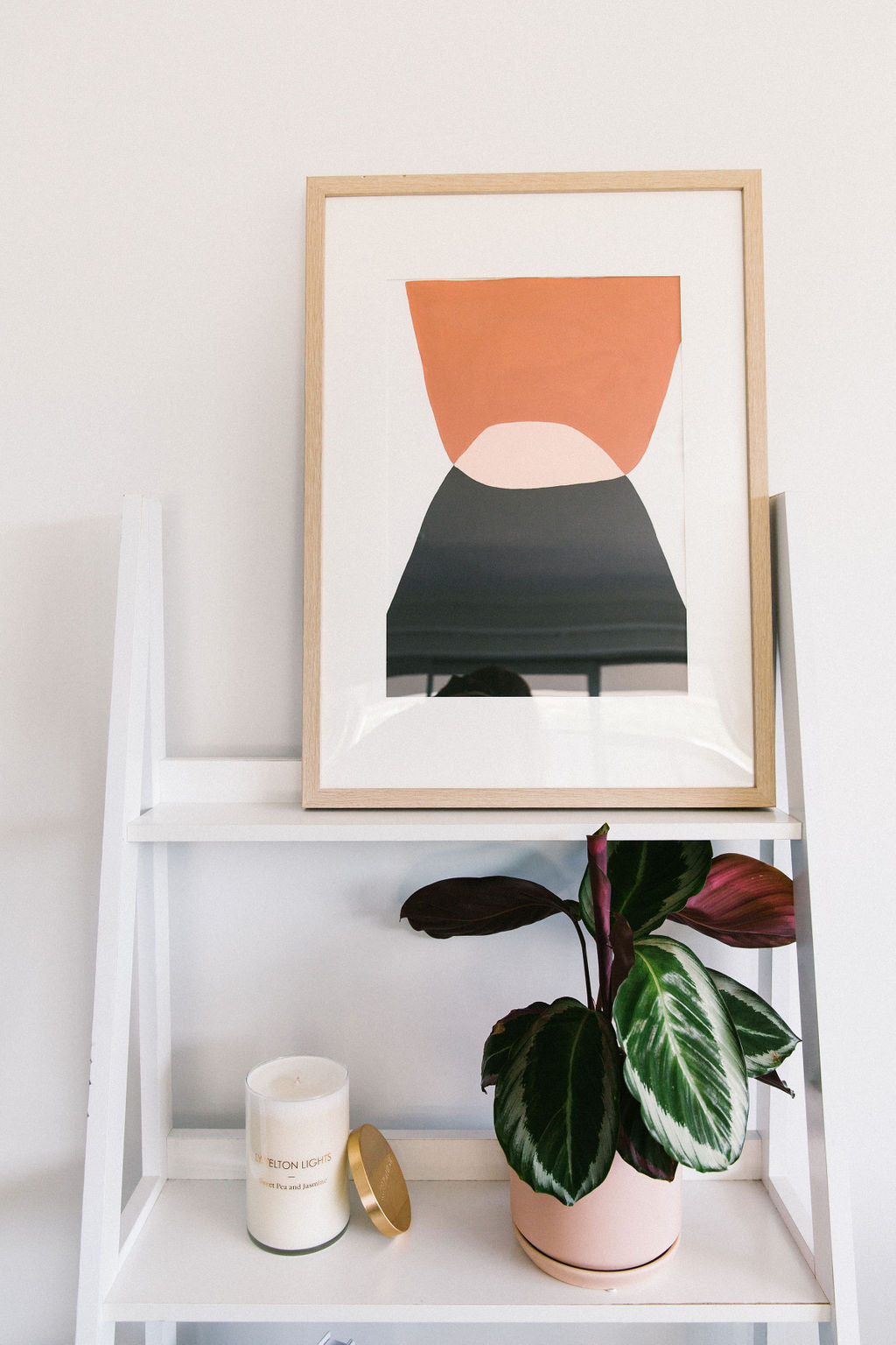 Framed Kim Soo Sonora Series #6 abstract wall print on a white shelf with a plant and candle