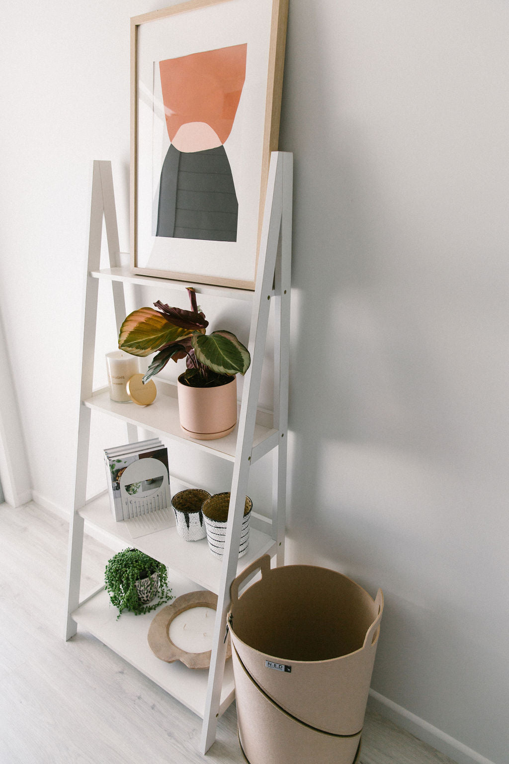 Side View of White bookshelf with decorative items including a plant, books, and a framed Sonora Series #6 artwork by Kim Soo.