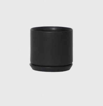 Black coloured pot plant with saucer on a white background