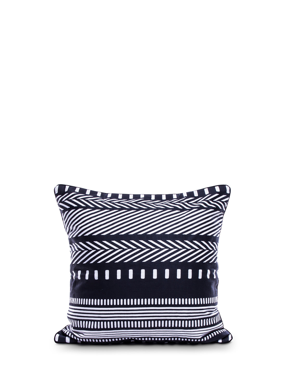 A square-shaped  kim soo cushion cover with a geometric print in white and black colors, featuring a zip closure.