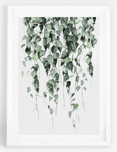 watercolour artwork showing heart shaped leaves dangling from the top. Called "Falling Hearts"